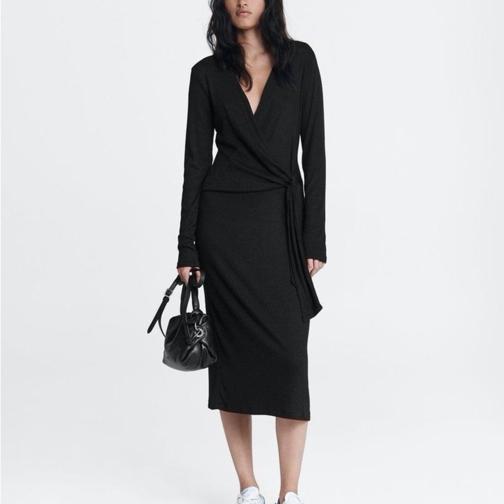 RAG & BONE The Knit Rib Tie Midi Dress Size Large Black Long Sleeve